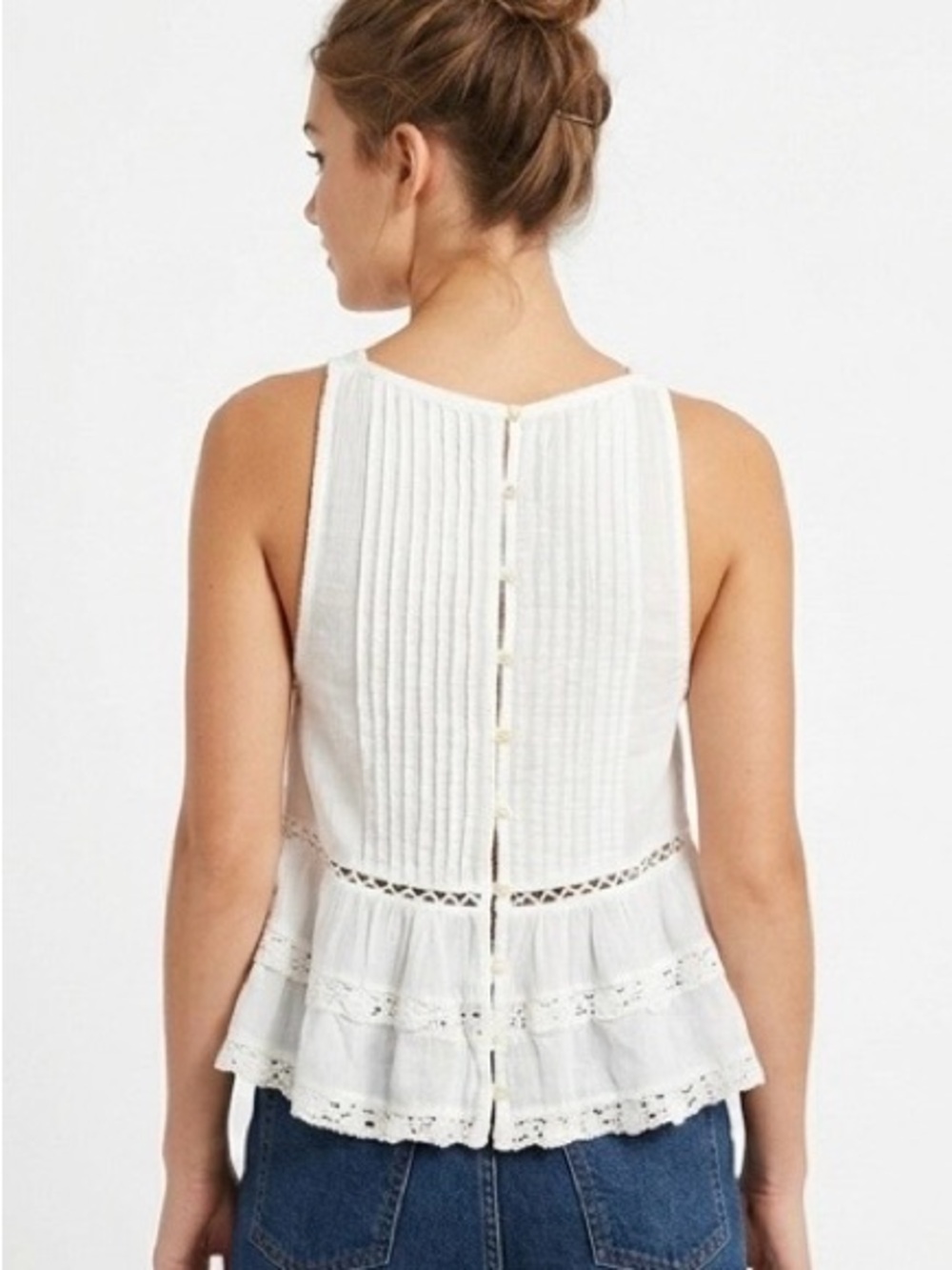 Free People White Lace Pintuck Sleeveless Peplum Blouse - Size Small - Picture 2 of 10